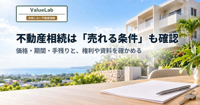 不動産相続は売れる条件も確認。沖縄の集合住宅と書類を背景に、価格・期間・手残りと権利や資料を確かめる視点を示す。